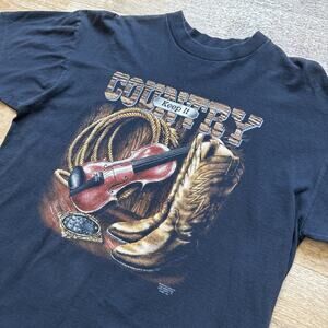 Vintage 90s 3D Emblem CMJ Black T-Shirt Keep It Country Cowboy Boots XL 1993
